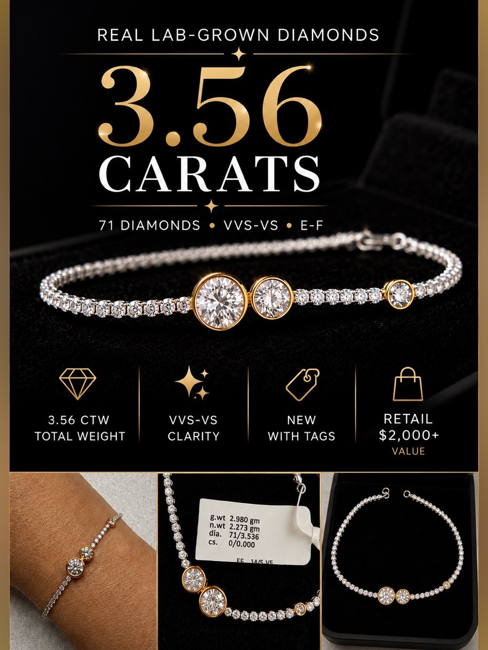 3.56 Carat Real Diamond Tennis Bracelet - Picture 2 of 9